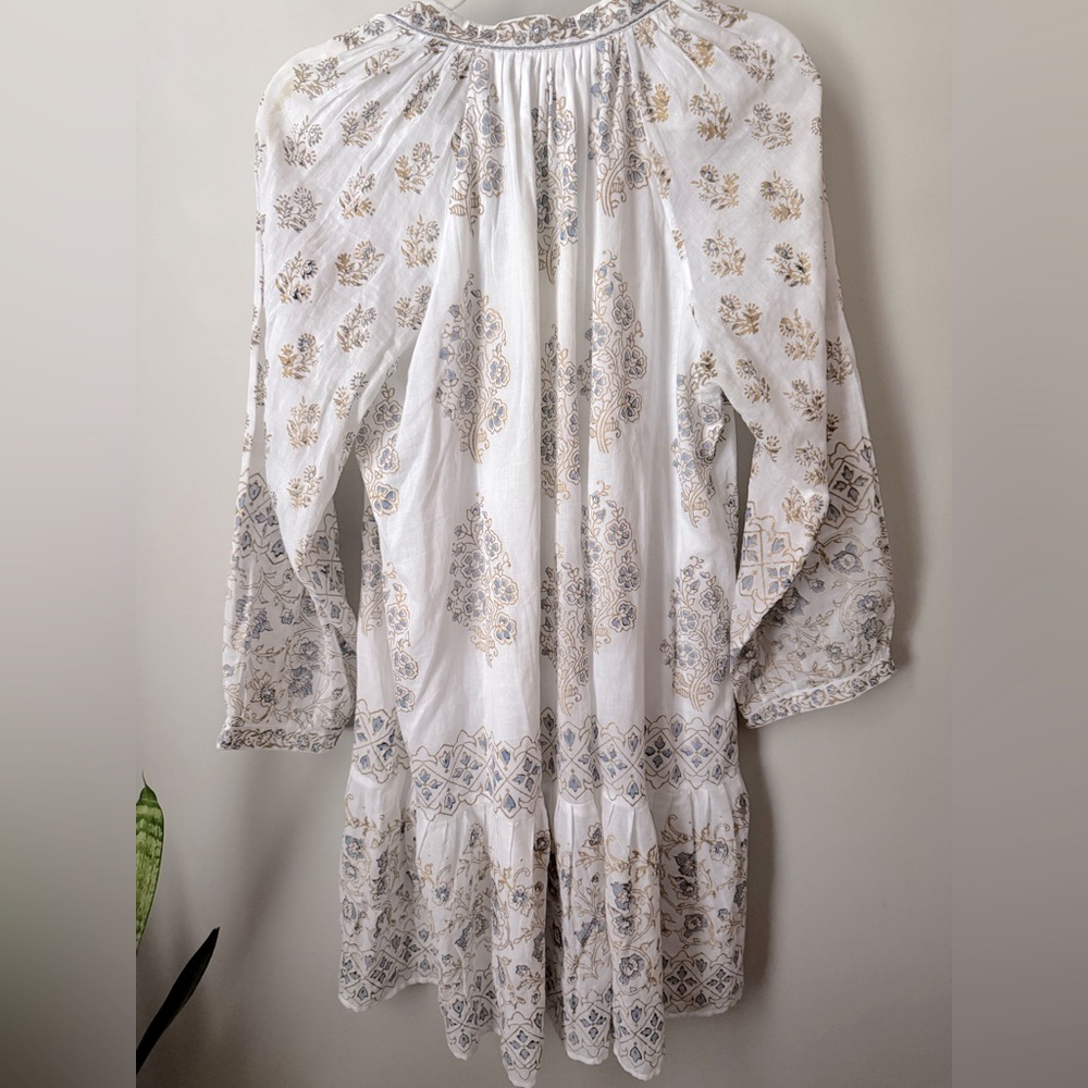 BELLA TU White Blue Gold Summer Tunic Tassel Cotton Resort Swim Dress | L - Picture 6 of 12